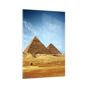 Glasbild - Bild auf glas - Die Pyramiden von Gizeh vor blauem Himmel und Wüstenlandschaft - 80x120cm - 40 Jahrhunderte schauen dich an - Moderne Wanddekoration für Wohnzimmer und Schlafzimmer ARTTOR