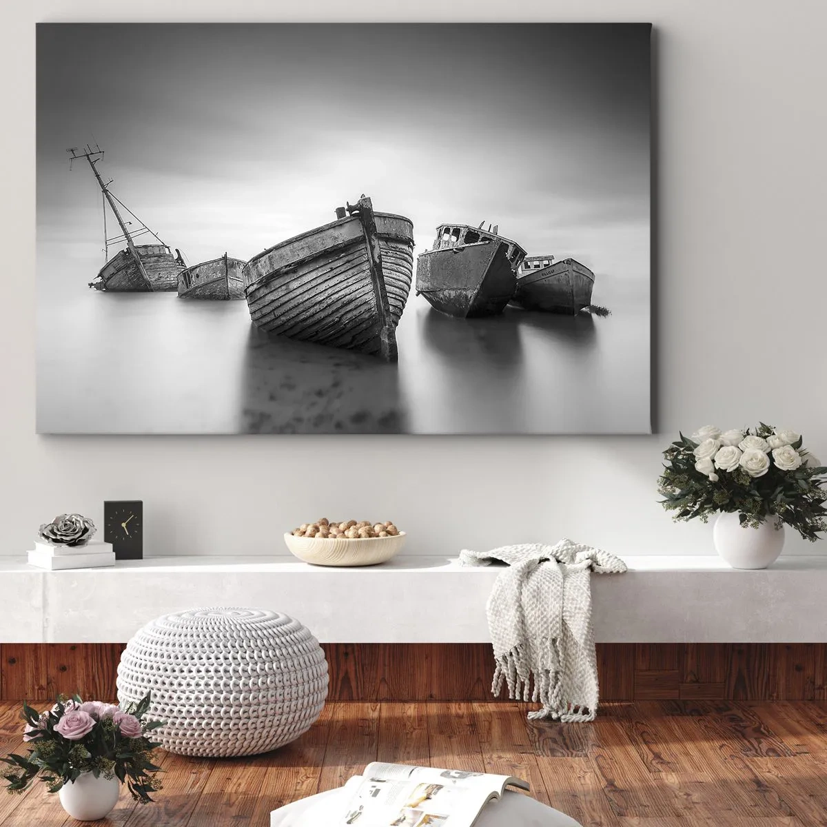 Bild auf Leinwand - Leinwandbild - Verlassene Boote auf ruhigem Wasser - 120x80cm - Nur Erinnerungen ... - Moderne Wanddekoration für Wohnzimmer und Schlafzimmer ARTTOR