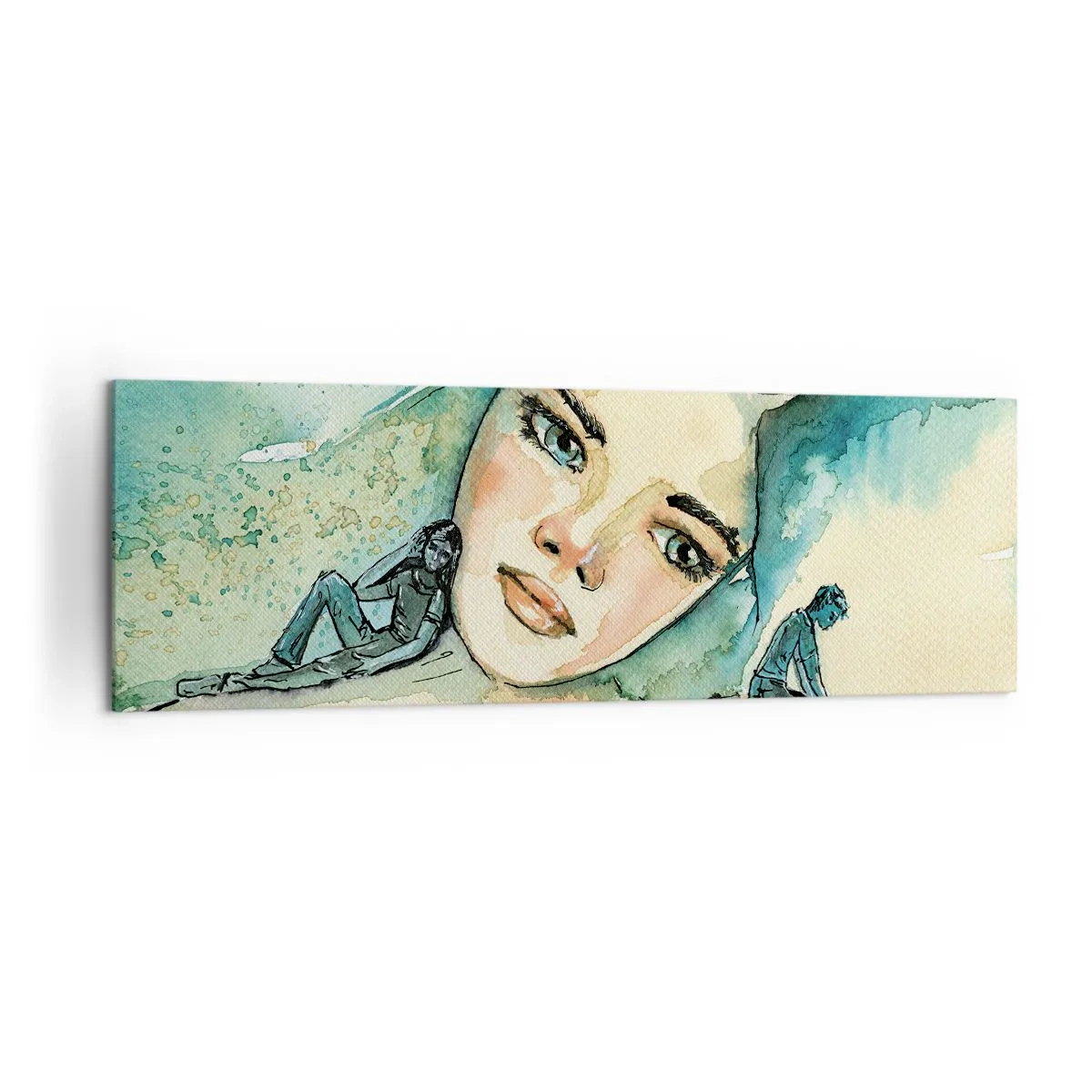 Bild auf Leinwand - Leinwandbild - Aquarell eines Frauengesichts mit reflektierendem Motiv - 160x50cm - Bin ich blau? - Moderne Wanddekoration für Wohnzimmer und Schlafzimmer ARTTOR