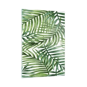 Glasbild - Bild auf glas - Grüne Palmblätter auf weißem Hintergrund erzeugen ein geometrisches Muster - 50x70cm - Unter dem grünen Baldachin - Moderne Wanddekoration für Wohnzimmer und Schlafzimmer ARTTOR