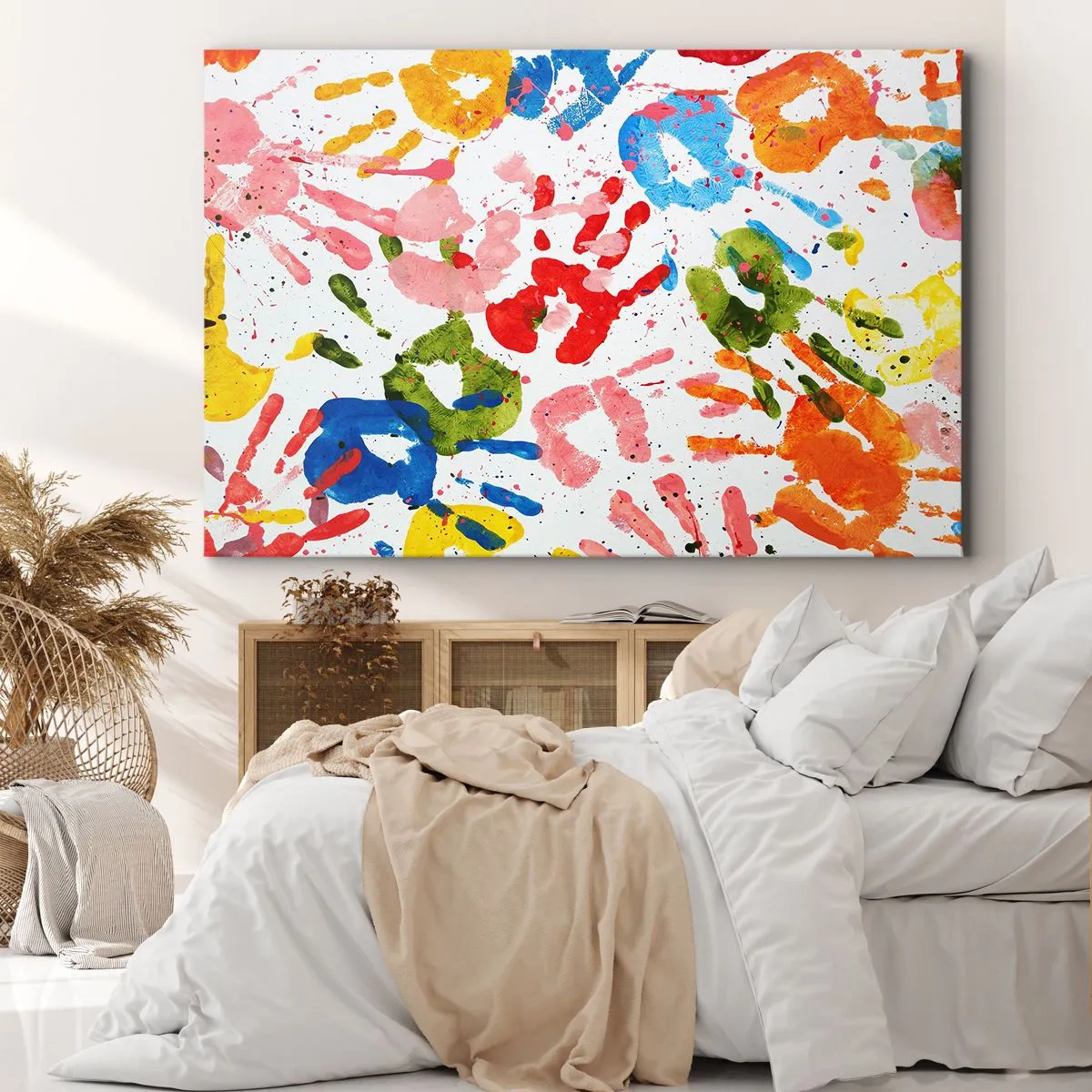 Bild auf Leinwand - Leinwandbild - Bunte Handabdrücke auf weißem Hintergrund - 70x50cm - Folgen Sie den Spuren - Moderne Wanddekoration für Wohnzimmer und Schlafzimmer ARTTOR