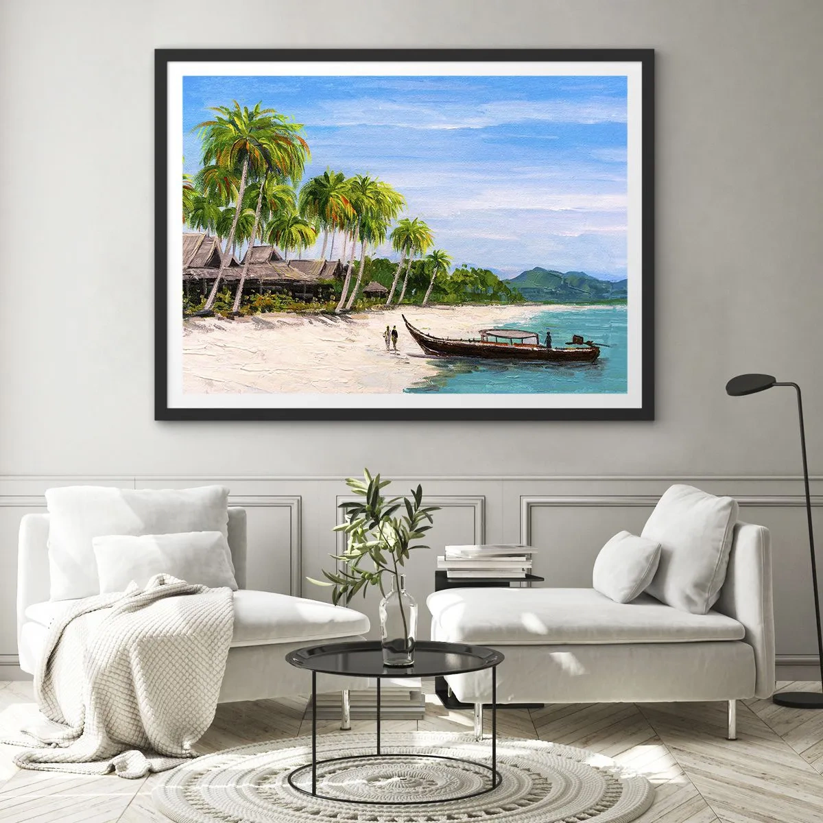 Poster in einem schwarzem Rahmen - Ein exotischer Strand mit Palmen und einem Boot am Ufer - 70x50cm - Exotischer Traum - Moderne Wanddekoration für Wohnzimmer und Schlafzimmer ARTTOR