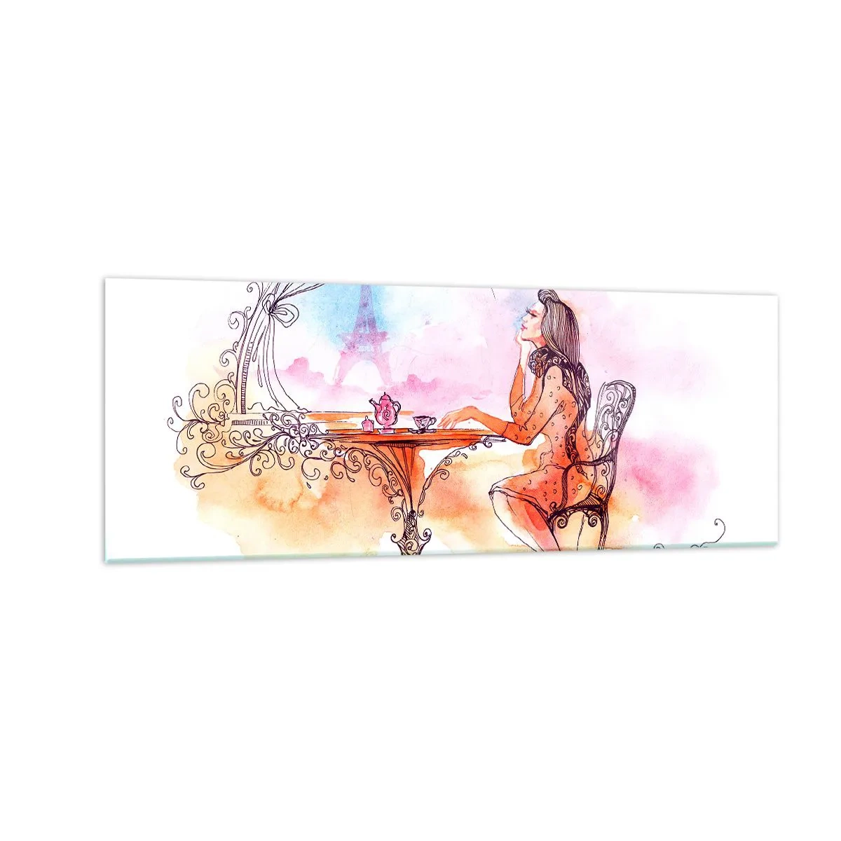 Glasbild - Bild auf glas - Romantisches Aquarell einer Frau in einem Café mit Blick auf einen Turm - 140x50cm - Pariser Chic - Moderne Wanddekoration für Wohnzimmer und Schlafzimmer ARTTOR