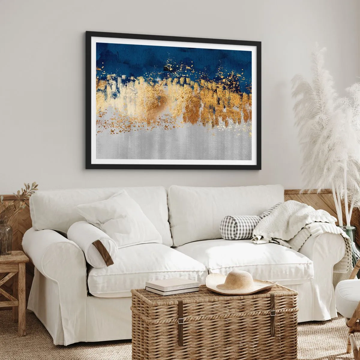 Poster in einem schwarzem Rahmen - Eine abstrakte Komposition in Gold- und Marineblautönen. - 100x70cm - Moderne Komposition mit Glanz - Moderne Wanddekoration für Wohnzimmer und Schlafzimmer ARTTOR