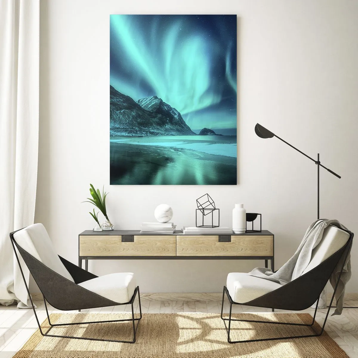 Glasbild - Bild auf glas - Aurora Borealis über einer bergigen Winterlandschaft - 70x100cm - Wunder des Nordens - Moderne Wanddekoration für Wohnzimmer und Schlafzimmer ARTTOR