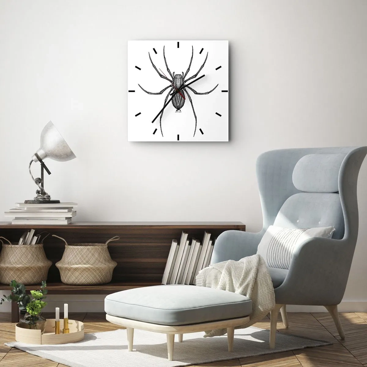 Wanduhr - Glasuhr - Detail einer Spinne auf weißem Hintergrund im Cartoon-Stil - 30x30cm - Beunruhigende Präzision - Moderne Wanddekoration für Wohnzimmer und Schlafzimmer ARTTOR