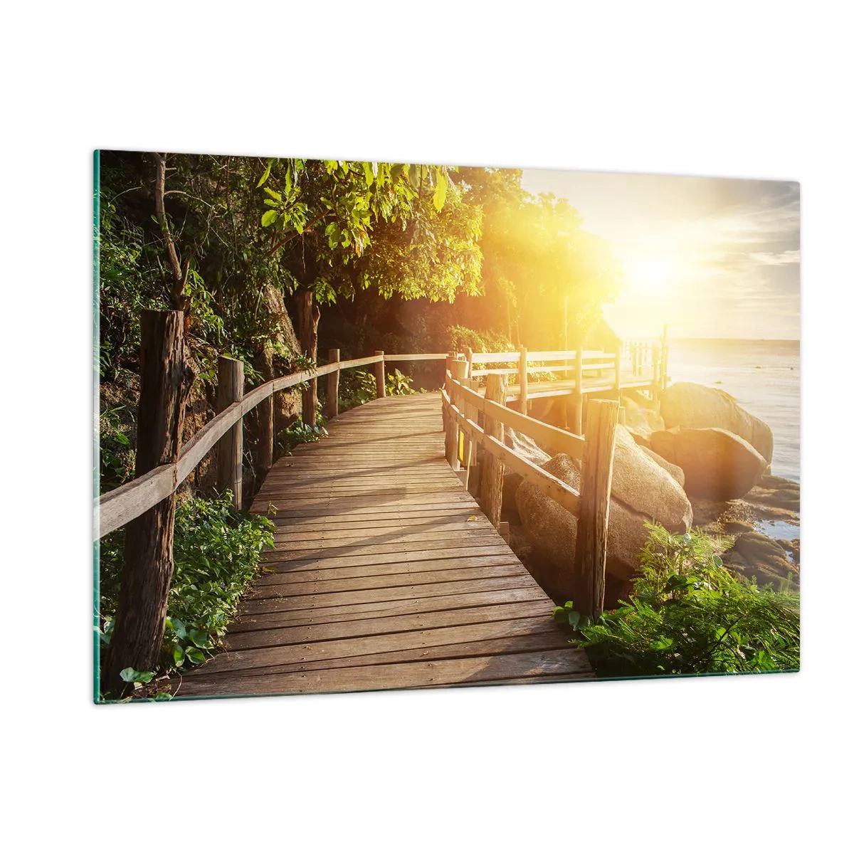 Glasbild - Bild auf glas - Ein Holzweg zwischen den Bäumen am Meer im Licht des Sonnenuntergangs - 120x80cm - Noch eine Wendung, ein weiteres Wunder - Moderne Wanddekoration für Wohnzimmer und Schlafzimmer ARTTOR