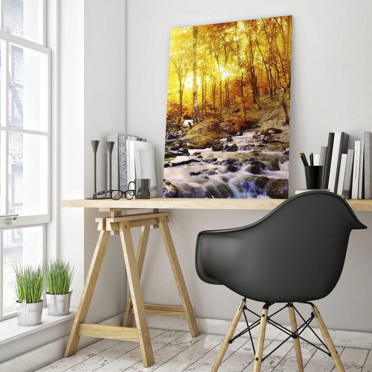 Glasbild - Bild auf glas - Herbstwald mit einem Bach zwischen goldenen Blättern - 80x120cm - In Gold und Platin gefasste Steine - Moderne Wanddekoration für Wohnzimmer und Schlafzimmer ARTTOR