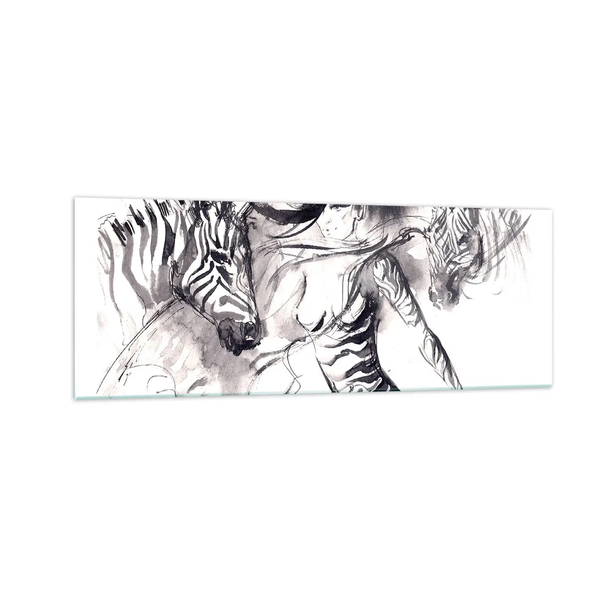 Glasbild - Bild auf glas - Eine Frau in einem dynamischen Tanz mit Zebras in einer Schwarz-Weiß-Ästhetik - 140x50cm - Tanzen mit den Zebras - Moderne Wanddekoration für Wohnzimmer und Schlafzimmer ARTTOR