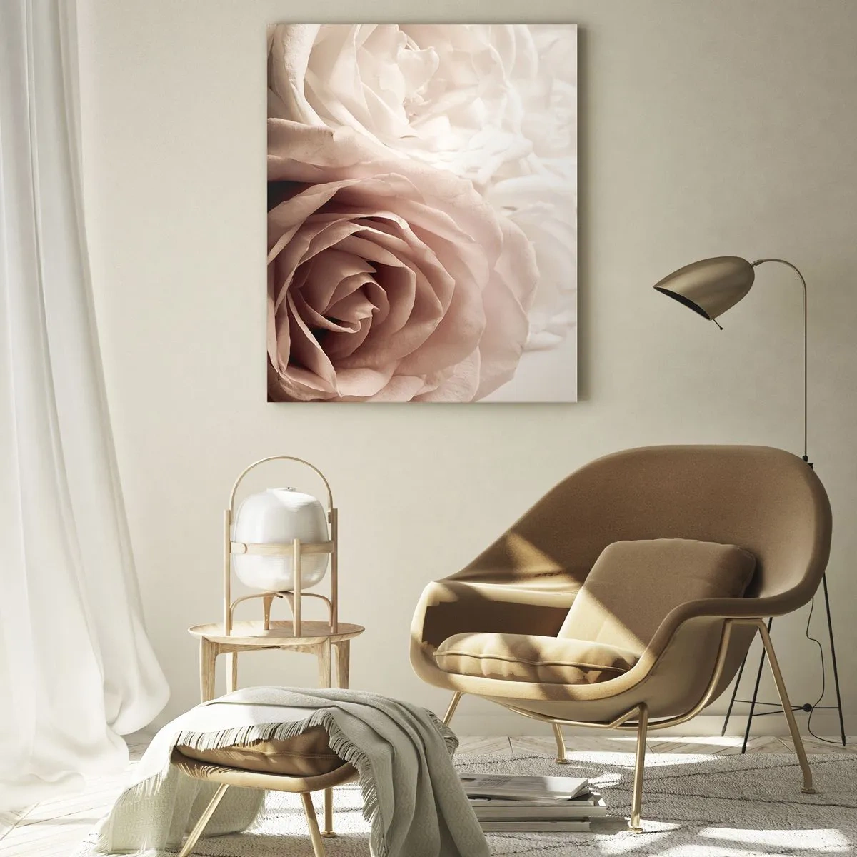 Glasbild - Bild auf glas - Zarte Rosen in pastelligen Beigetönen - 70x100cm - Im Herzen der Rose - Moderne Wanddekoration für Wohnzimmer und Schlafzimmer ARTTOR