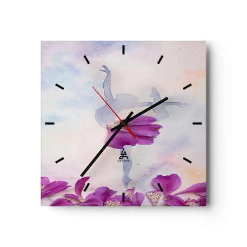 Wanduhr - Glasuhr - Eine Tänzerin in einem Blütenblattkleid vor einem pastellfarbenen Hintergrund. - 30x30cm - Zart wie eine Blume - Moderne Wanddekoration für Wohnzimmer und Schlafzimmer ARTTOR