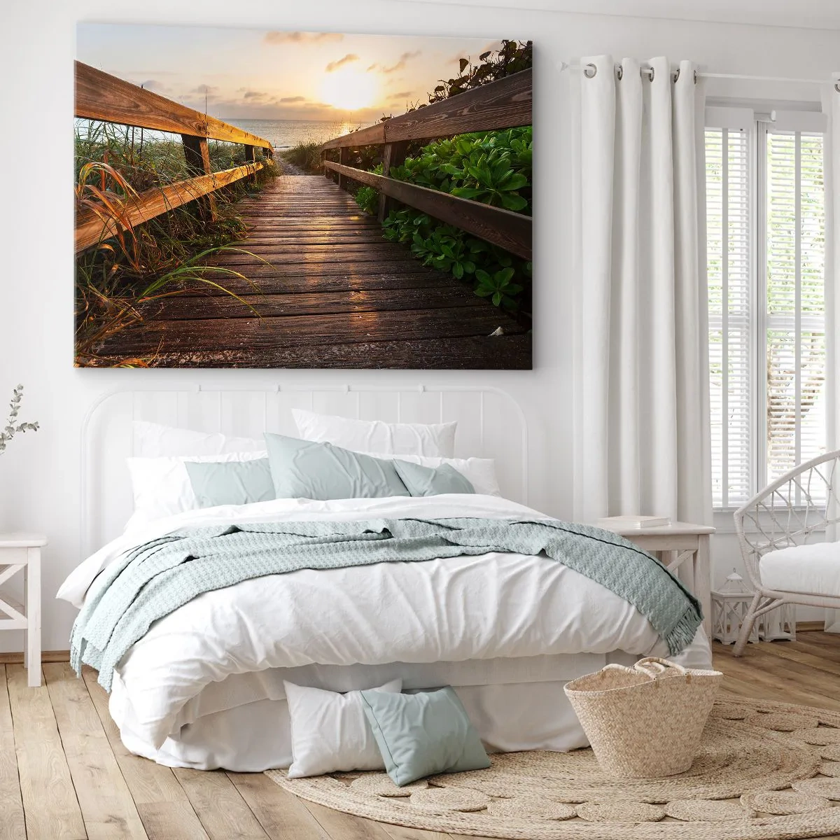 Bild auf Leinwand - Leinwandbild - Holzsteg zum Strand bei Sonnenuntergang - 70x50cm - Und direkt ans Ufer - Moderne Wanddekoration für Wohnzimmer und Schlafzimmer ARTTOR