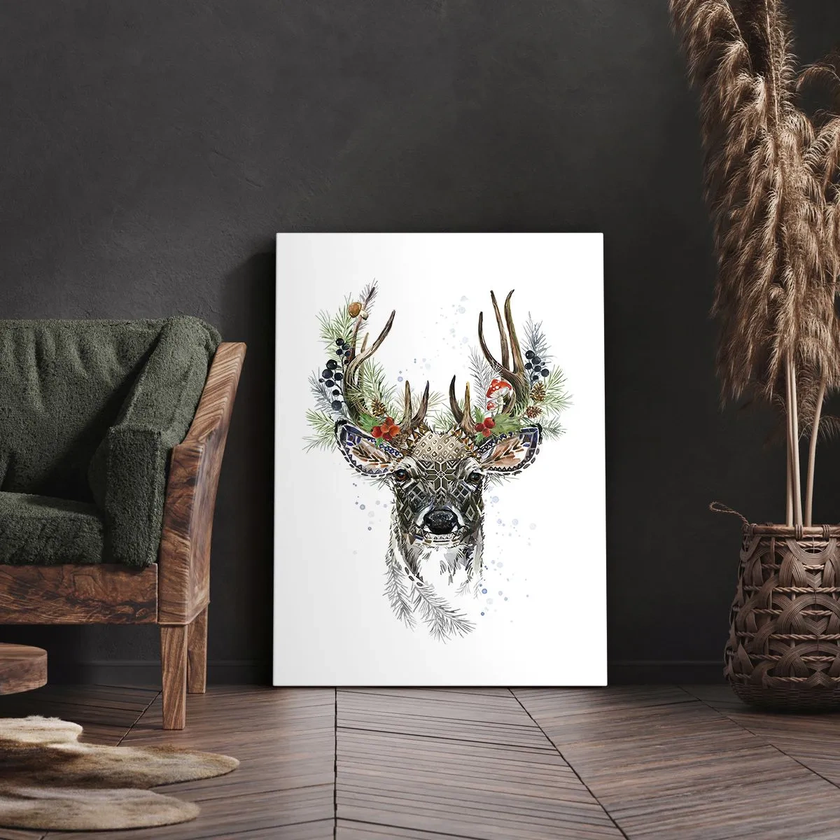 Bild auf Leinwand - Leinwandbild - Stilisierter Hirsch mit dekorativem Geweih auf weißem Hintergrund - 70x100cm - Im festlichen Gewand - Moderne Wanddekoration für Wohnzimmer und Schlafzimmer ARTTOR
