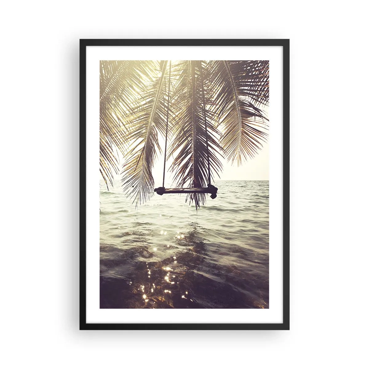 Poster in einem schwarzem Rahmen - Eine Schaukel unter Palmen am ruhigen Meer - 50x70cm - Sie können nach Belieben in den Wolken schwingen - Moderne Wanddekoration für Wohnzimmer und Schlafzimmer ARTTOR