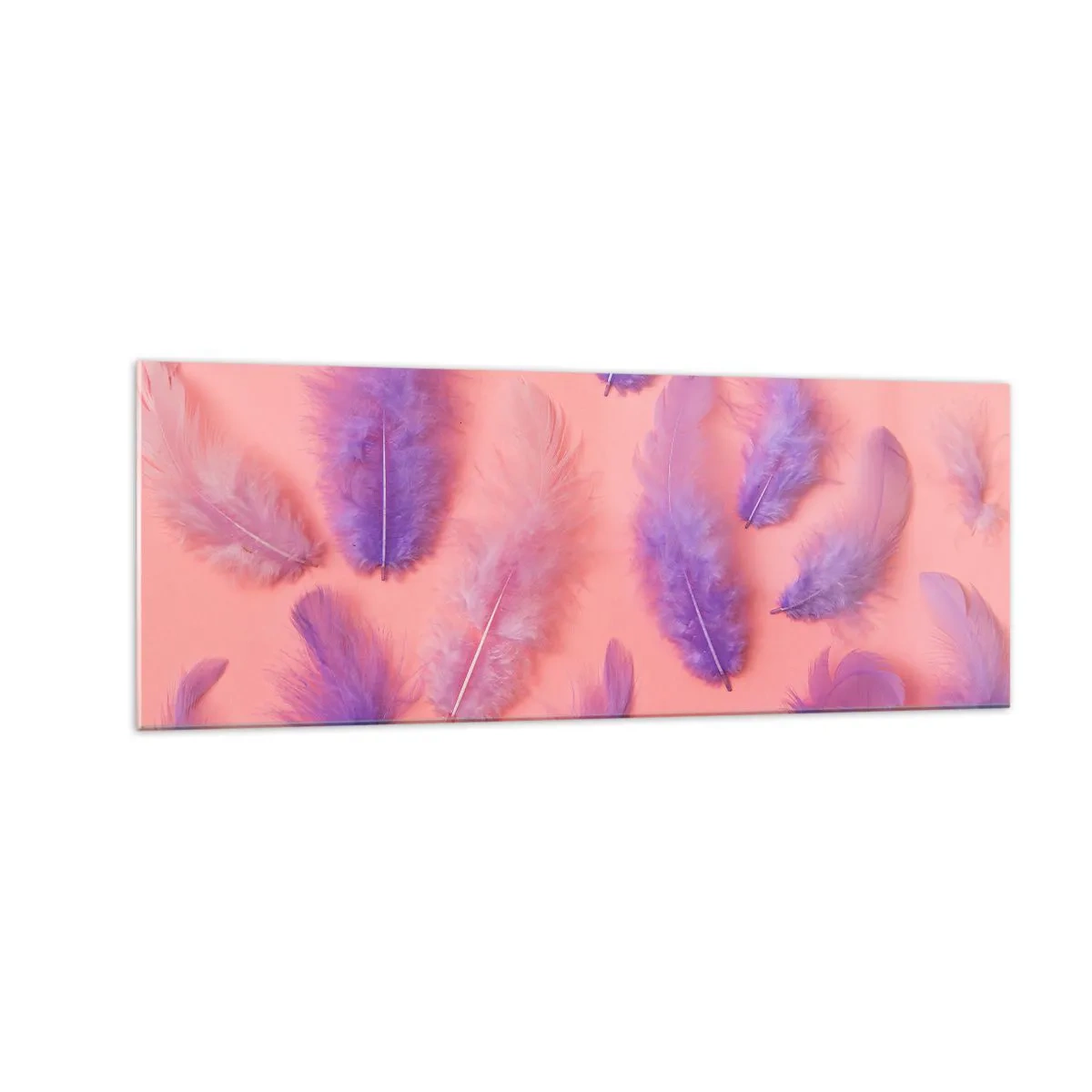 Glasbild - Bild auf glas - Lila und rosa Federn auf pastellfarbenem Hintergrund - 140x50cm - Lila Vogel der Begierde - Moderne Wanddekoration für Wohnzimmer und Schlafzimmer ARTTOR