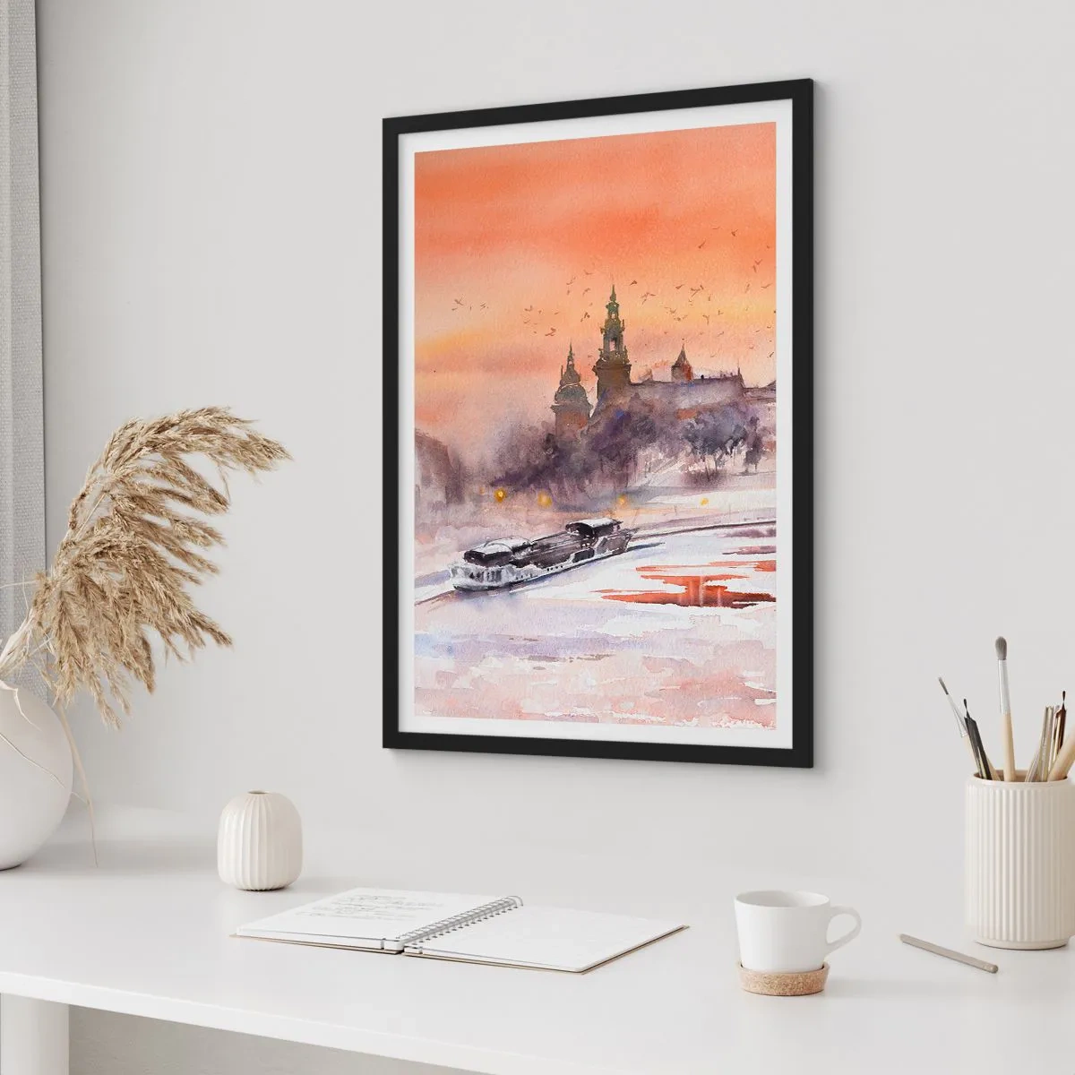 Poster in einem schwarzem Rahmen - Aquarell Stadtbild bei Sonnenuntergang - 50x70cm - Königlicher Sonnenuntergang - Moderne Wanddekoration für Wohnzimmer und Schlafzimmer ARTTOR