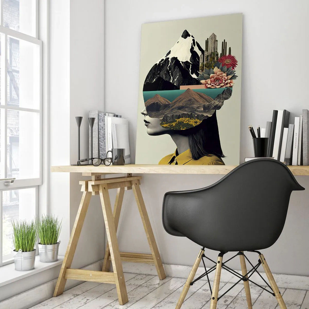 Glasbild - Bild auf glas - Collage einer Frau mit Berglandschaft und Blumen - 70x100cm - Frau – bleibt immer ein Geheimnis - Moderne Wanddekoration für Wohnzimmer und Schlafzimmer ARTTOR
