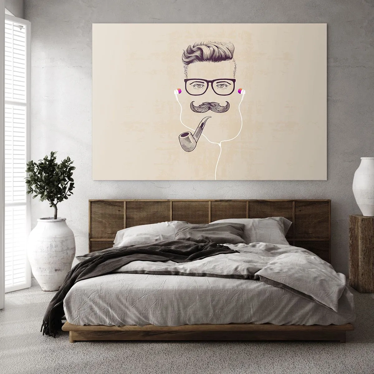 Glasbild - Bild auf glas - Eine Zeichnung eines stilisierten Mannes mit Brille, Schnurrbart und Pfeife. - 70x50cm - Ein echter Mann? - Moderne Wanddekoration für Wohnzimmer und Schlafzimmer ARTTOR