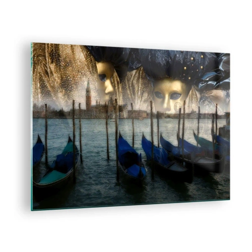 Glasbild - Bild auf glas - Venedig mit Gondeln und Karnevalsmasken - 70x50cm - Es ist Zeit, den Karneval zu starten - Moderne Wanddekoration für Wohnzimmer und Schlafzimmer ARTTOR