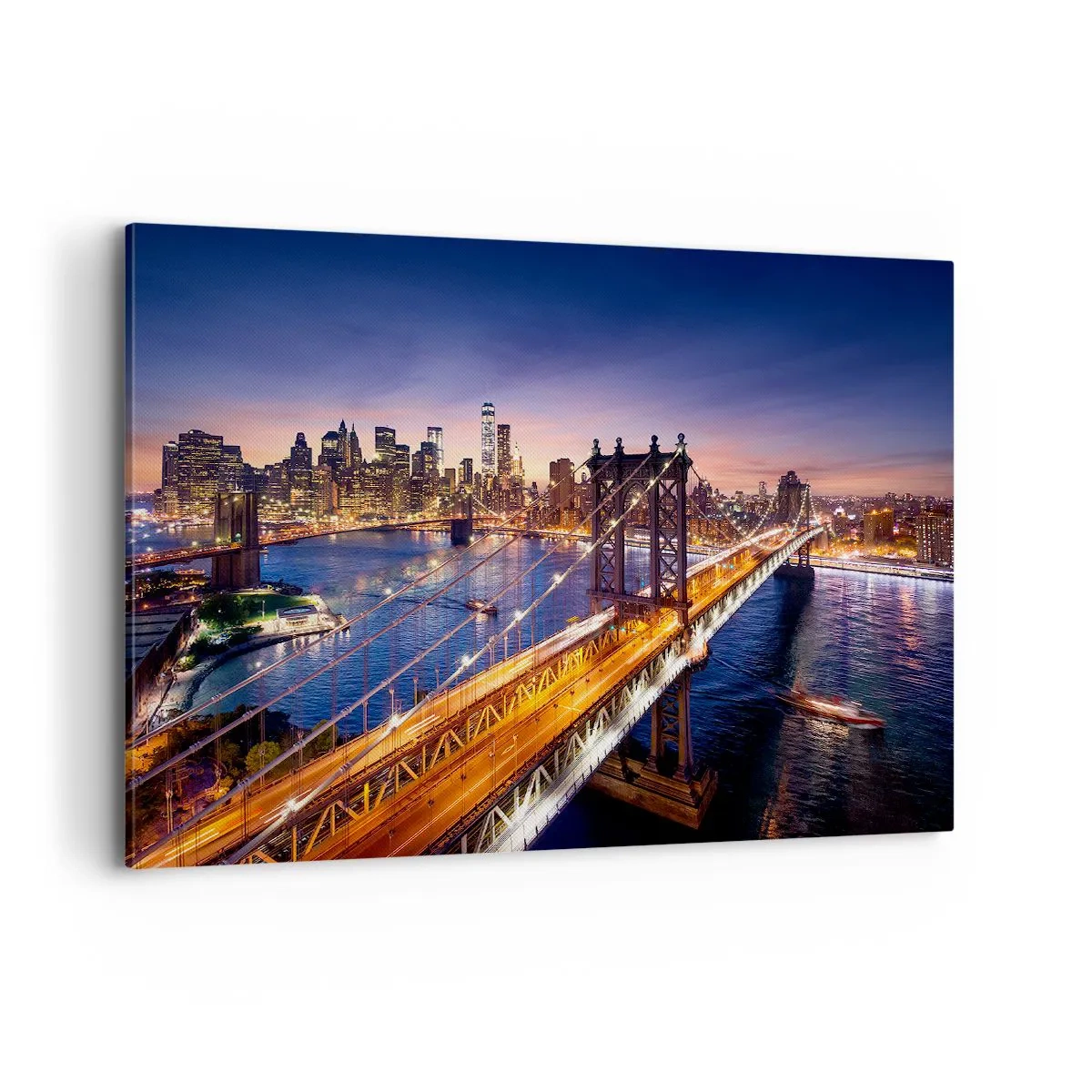 Bild auf Leinwand - Leinwandbild - Die Brücke und das Stadtpanorama bei Sonnenuntergang - 100x70cm - Eine leuchtende Brücke zum Herzen der Stadt - Moderne Wanddekoration für Wohnzimmer und Schlafzimmer ARTTOR