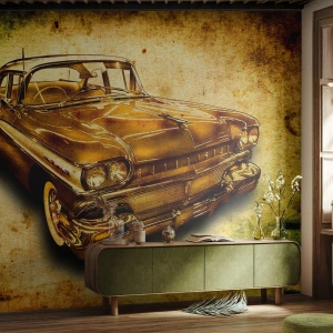 Fototapete Premium Sand - Goldenes klassisches Auto auf Vintage-Hintergrund - 100x70cm - Die unvergängliche Schönheit der Klassiker - Moderne Wanddekoration für Wohnzimmer und Schlafzimmer ARTTOR