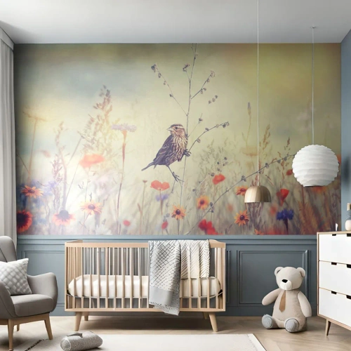 Selbstklebende Fototapete Deluxe Sticker - Vogelporträt mit einer Wiese im Hintergrund - Vogel, Wiese, Natur - 150x105 cm
