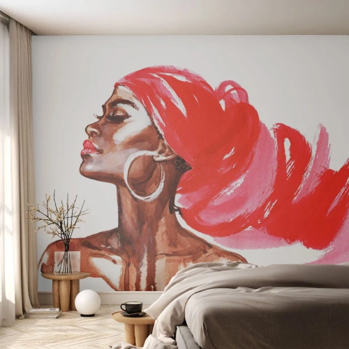Fototapete Standard Eco - Stilisiertes Porträt einer Frau mit rotem Schal - 100x70cm - Es weht ein Wind, der die Nase eines Mannes öffnet - Moderne Wanddekoration für Wohnzimmer und Schlafzimmer ARTTOR