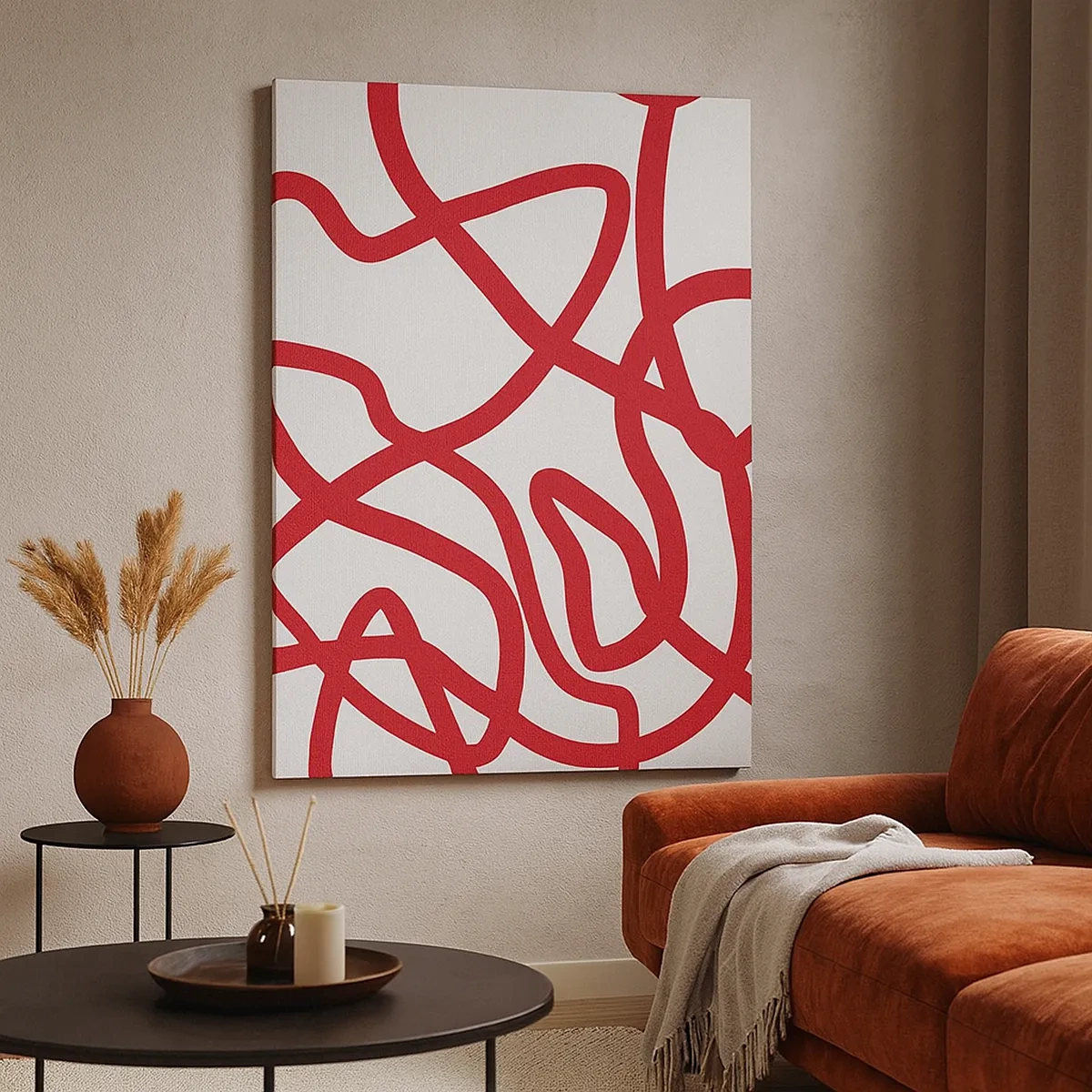 Bild auf Leinwand - Leinwandbild - Rote abstrakte Linien auf weißem Hintergrund - 50x70cm - Rot auf Weiß - Moderne Wanddekoration für Wohnzimmer und Schlafzimmer ARTTOR