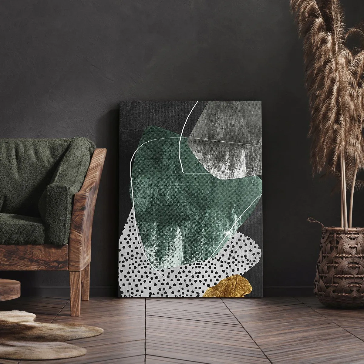 Bild auf Leinwand - Leinwandbild - Abstrakte Komposition mit grünen Formen und Punktmustern - 70x100cm - Bunte Abstraktion mit Blattgold - Moderne Wanddekoration für Wohnzimmer und Schlafzimmer ARTTOR