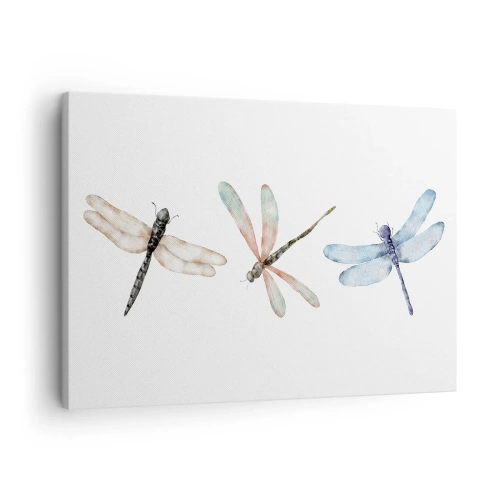 Bild auf Leinwand - Leinwandbild - Drei Libellen in zarten Pastellfarben - 70x50cm - Schwerelose Libellen - Moderne Wanddekoration für Wohnzimmer und Schlafzimmer ARTTOR