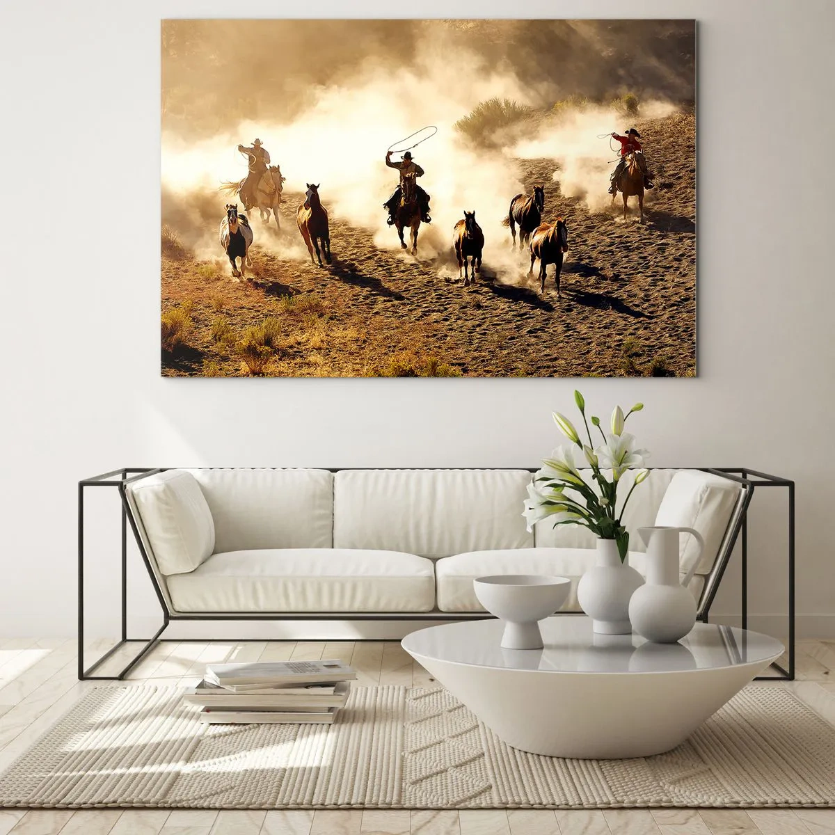 Glasbild - Bild auf glas - Cowboys zu Pferd im Staub bei einem Rodeo - 100x70cm - Wirklich wilder Westen - Moderne Wanddekoration für Wohnzimmer und Schlafzimmer ARTTOR