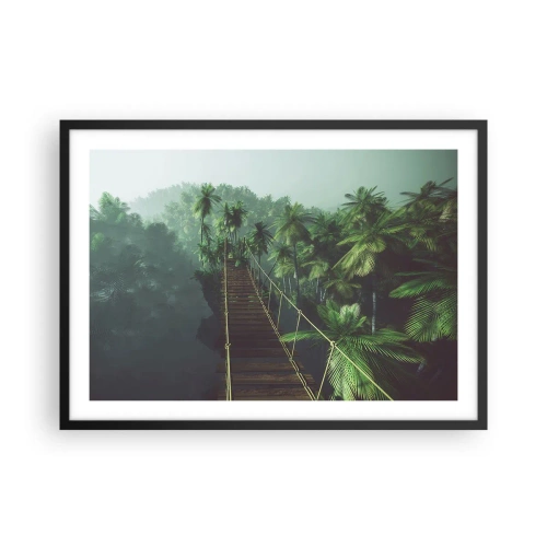 Poster in einem schwarzem Rahmen - Eine Hängebrücke in einem tropischen Wald, umgeben von Nebel. - 70x50cm - Über der Brandung des Grüns - Moderne Wanddekoration für Wohnzimmer und Schlafzimmer ARTTOR