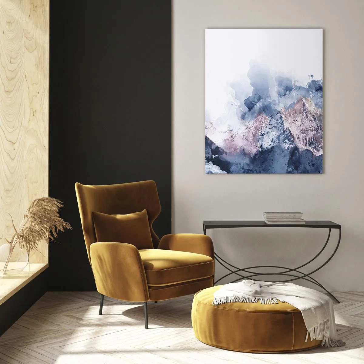 Glasbild - Bild auf glas - Aquarellberge in Pastelltönen von Blau und Rosa - 50x70cm - Das sind die Spitzen! - Moderne Wanddekoration für Wohnzimmer und Schlafzimmer ARTTOR