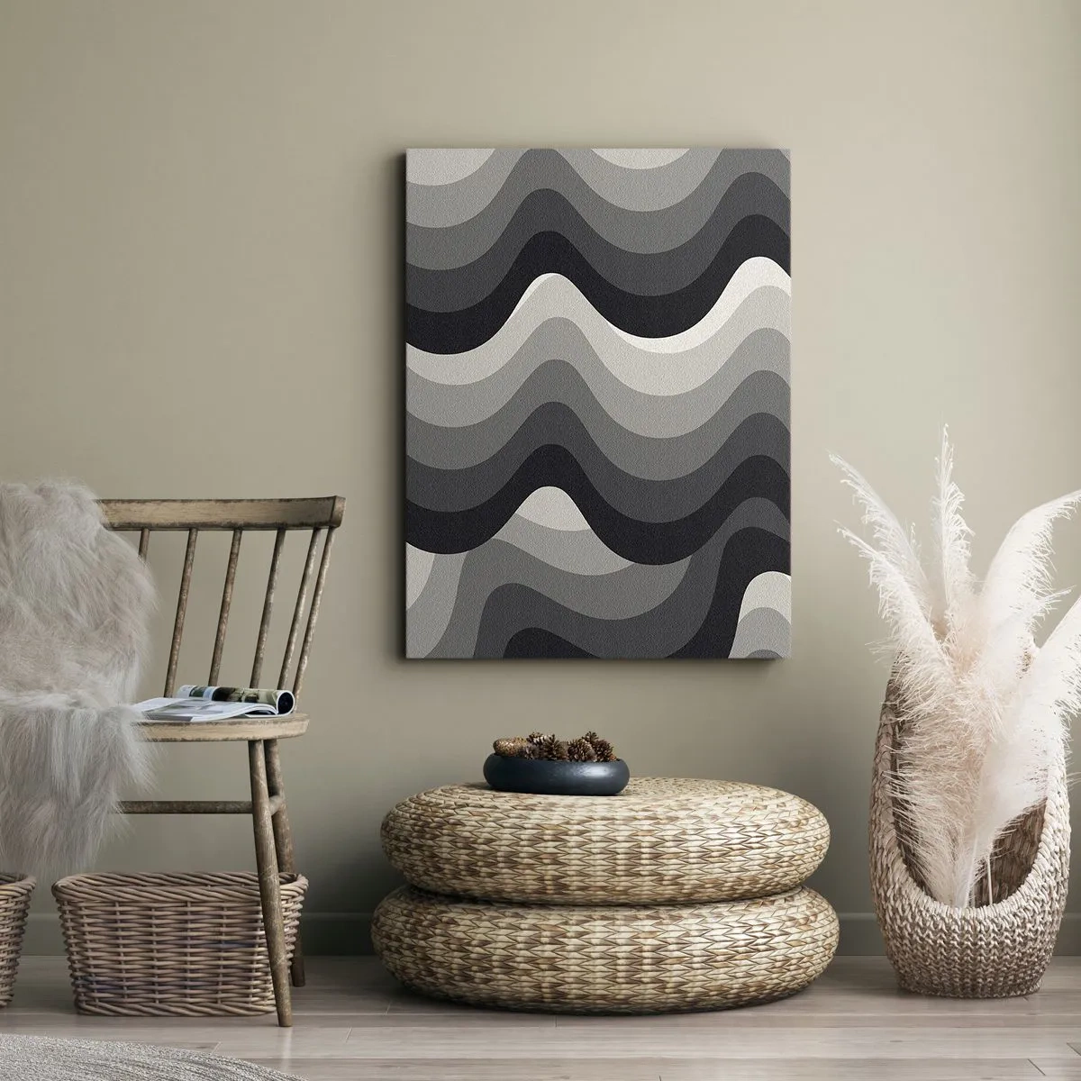 Bild auf Leinwand - Leinwandbild - Schwarz-weiße Wellenmuster in Grautönen - 50x70cm - Eine Welle nach der anderen - Moderne Wanddekoration für Wohnzimmer und Schlafzimmer ARTTOR