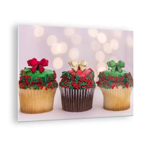 Glasbild - Bild auf glas - Weihnachts-Cupcakes mit Schleifendekoration - 70x50cm - Süßigkeiten bis zu der Schleife - Moderne Wanddekoration für Wohnzimmer und Schlafzimmer ARTTOR