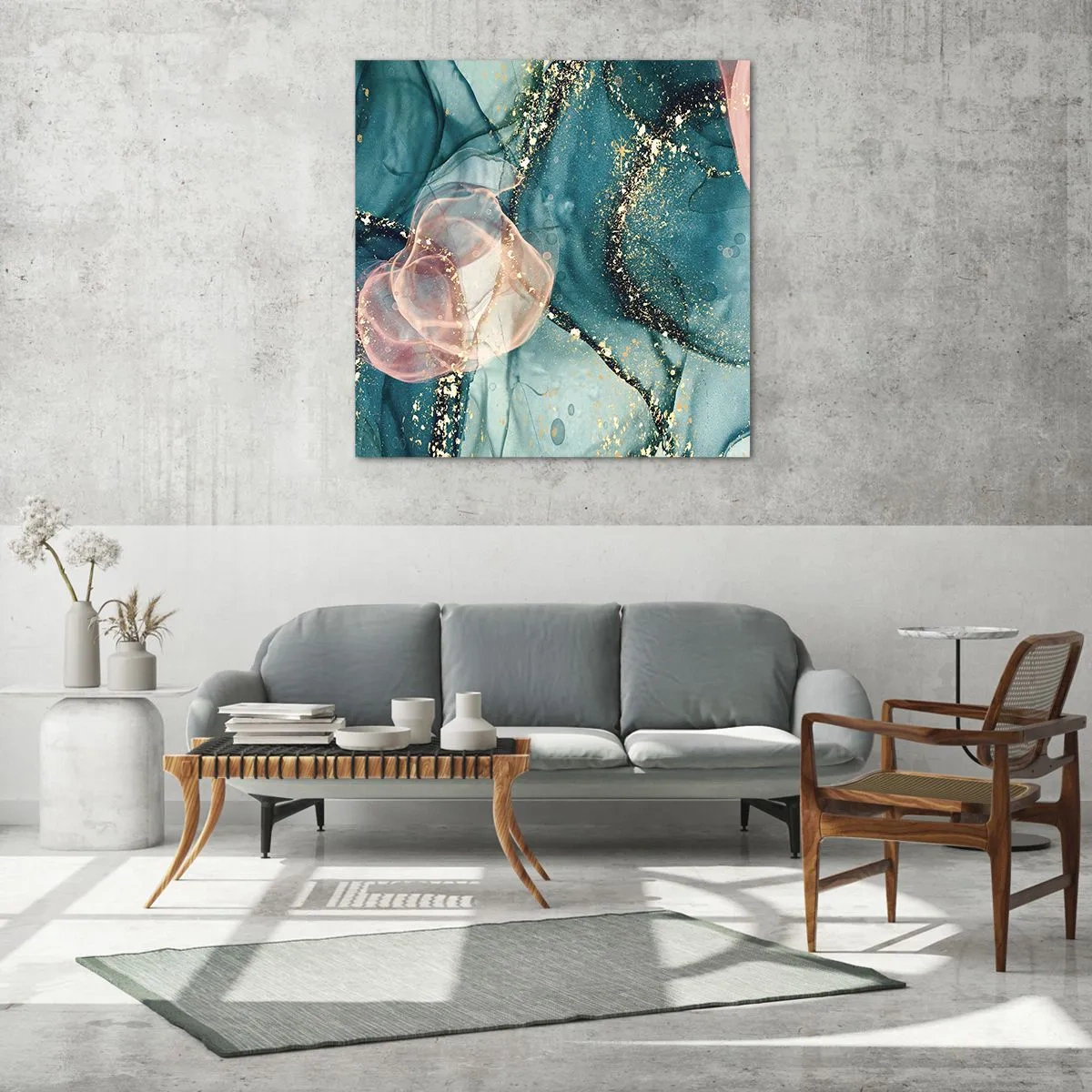 Glasbild - Bild auf glas - Seidenblau, Tüllrosa - 70x70 cm