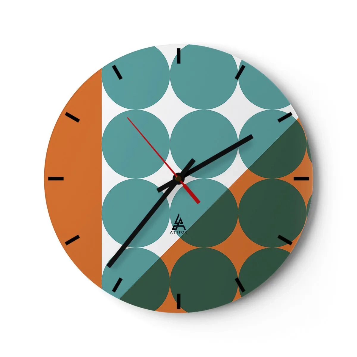Wanduhr - Glasuhr - Geometrische Kreise in Grün- und Orangetönen - 30x30cm - Nach oben und schräg - Moderne Wanddekoration für Wohnzimmer, Küche und Schlafzimmer ARTTOR