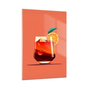 Glasbild - Bild auf glas - Ein farbenfrohes Getränk mit Orange auf einem warmen Pfirsichhintergrund - 50x70cm - Sommerliche Erfrischung - Moderne Wanddekoration für Wohnzimmer und Schlafzimmer ARTTOR