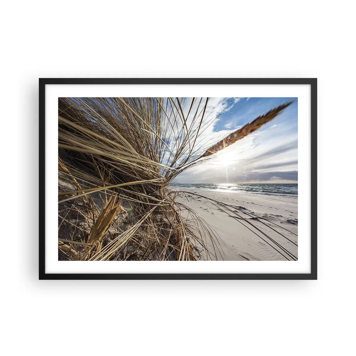 Poster in einem schwarzem Rahmen - Ein Strand mit trockenem Gras auf den Dünen und Blick auf das Meer - 70x50cm - Ein Treffen der Elemente der Natur - Moderne Wanddekoration für Wohnzimmer und Schlafzimmer ARTTOR