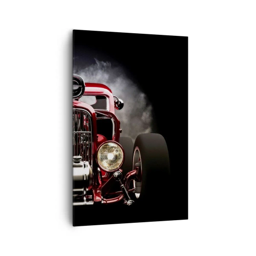 Bild auf Leinwand - Leinwandbild - Roter klassischer Rennwagen auf dunklem Hintergrund - 80x120cm - Schnell und wahnsinnig schön - Moderne Wanddekoration für Wohnzimmer und Schlafzimmer ARTTOR