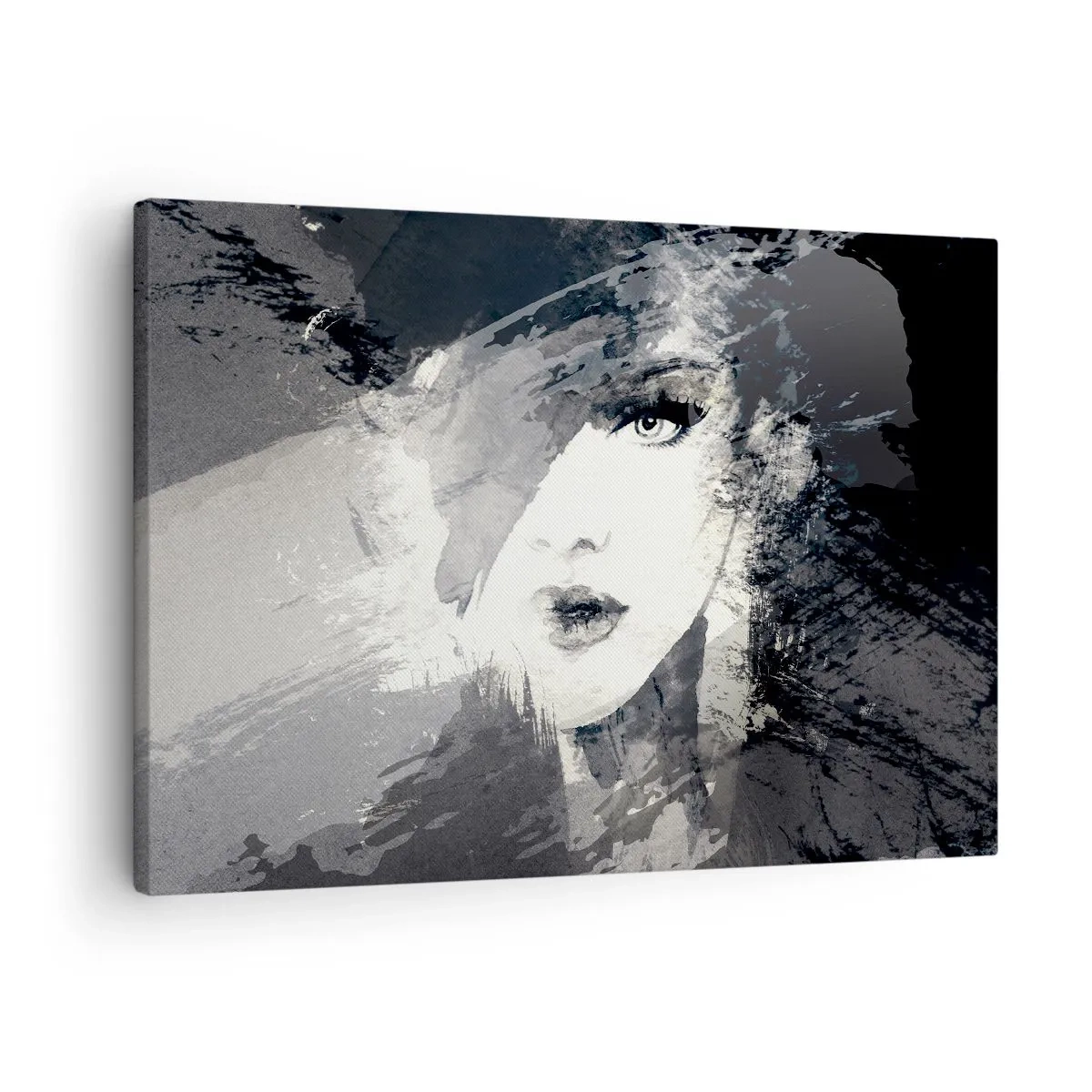 Bild auf Leinwand - Leinwandbild - Ein abstraktes Frauenporträt in Grautönen mit zarten Akzenten. - 70x50cm - Hinter einem grauen Schleier - Moderne Wanddekoration für Wohnzimmer und Schlafzimmer ARTTOR