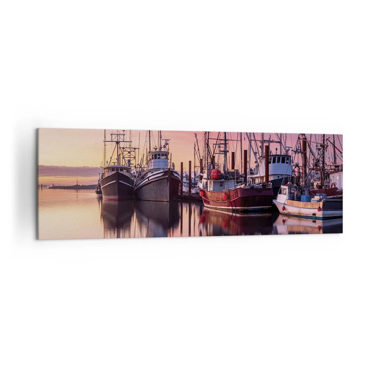 Bild auf Leinwand - Leinwandbild - Fischerboote im Hafen bei Sonnenuntergang - 160x50cm - Vor dem nächsten Tag - Moderne Wanddekoration für Wohnzimmer und Schlafzimmer ARTTOR