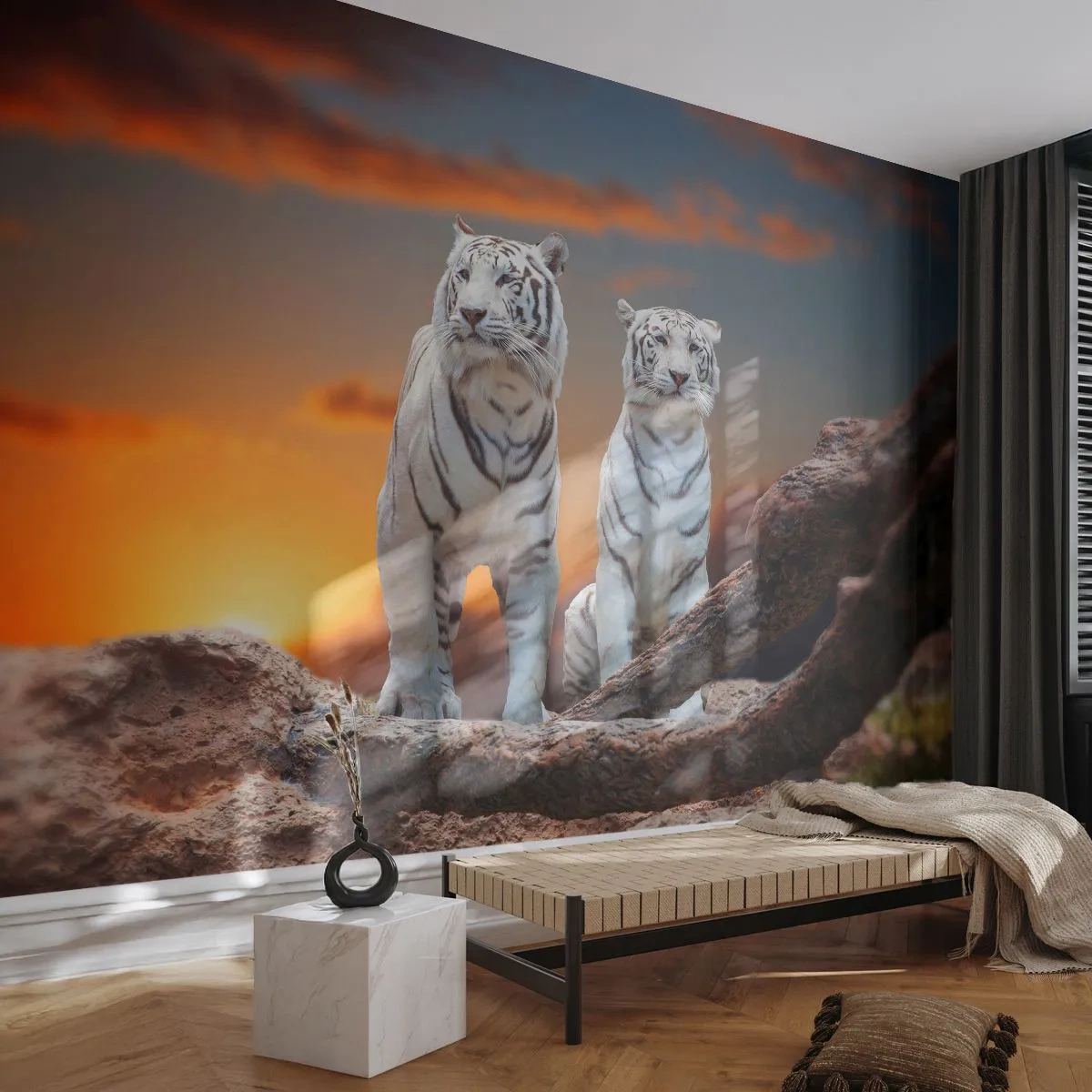 Fototapete Premium Sand - Genau wie Narnia - Tiere, Tiger, Sonnenuntergang - 100x70 cm