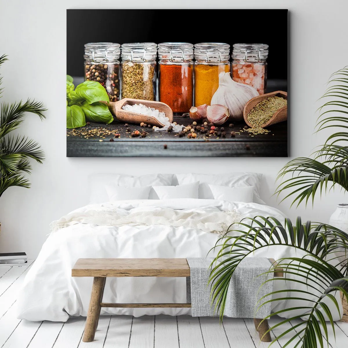 Bild auf Leinwand - Leinwandbild - Kräuter und Gewürze in Gläsern auf dunklem Hintergrund - 120x80cm - Für einen Geschmack des Lebens - Moderne Wanddekoration für Wohnzimmer und Schlafzimmer ARTTOR