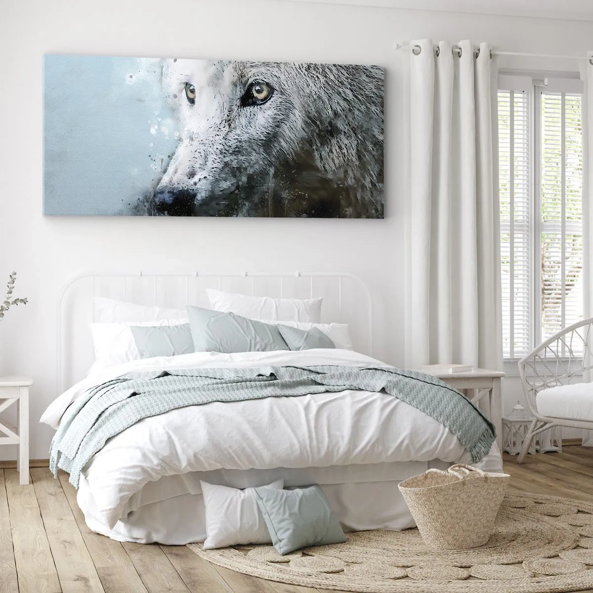 Bild auf Leinwand - Leinwandbild - Aquarellporträt eines Wolfes - 140x50cm - Lerne die Wolfsseele kennen - Moderne Wanddekoration für Wohnzimmer und Schlafzimmer ARTTOR