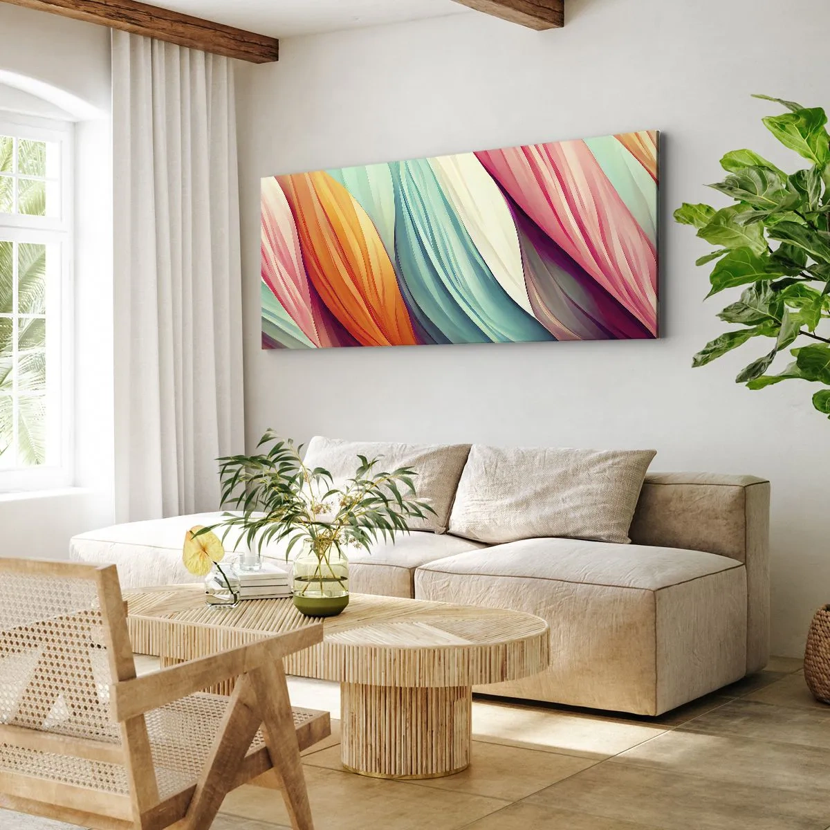 Bild auf Leinwand - Leinwandbild - Abstrakte Linien in Pastell- und leuchtenden Farben - 120x50cm - Regenbogengewebe - Moderne Wanddekoration für Wohnzimmer und Schlafzimmer ARTTOR