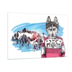 Glasbild - Bild auf glas - Husky im Pullover mit Bergen im Hintergrund - 120x80cm - Ein Wolf in Schafwolle - Moderne Wanddekoration für Wohnzimmer und Schlafzimmer ARTTOR