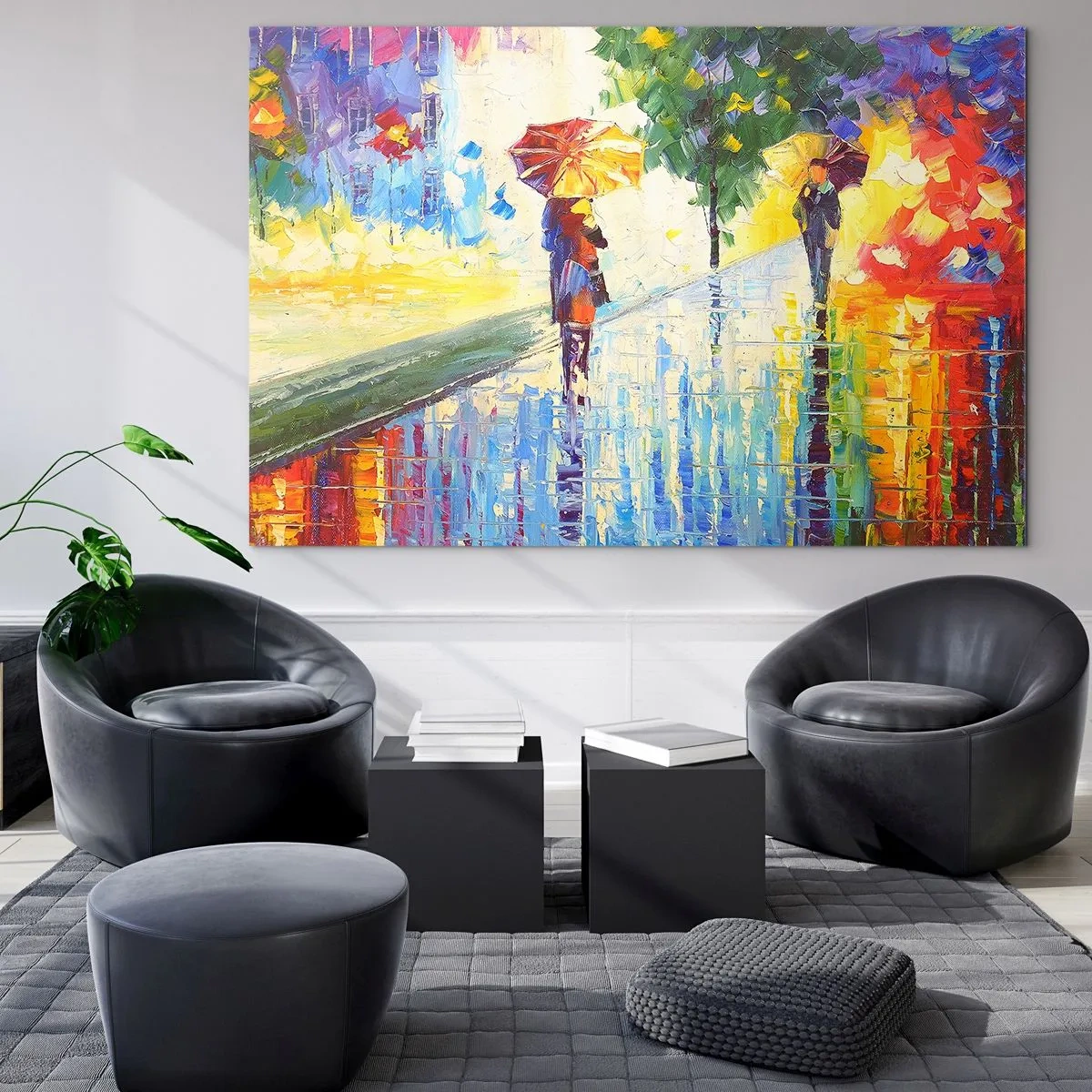 Glasbild - Bild auf glas - Ein farbenfroher Spaziergang im Regen mit einem Regenschirm im impressionistischen Stil - 70x50cm - Und alles klar - Moderne Wanddekoration für Wohnzimmer und Schlafzimmer ARTTOR