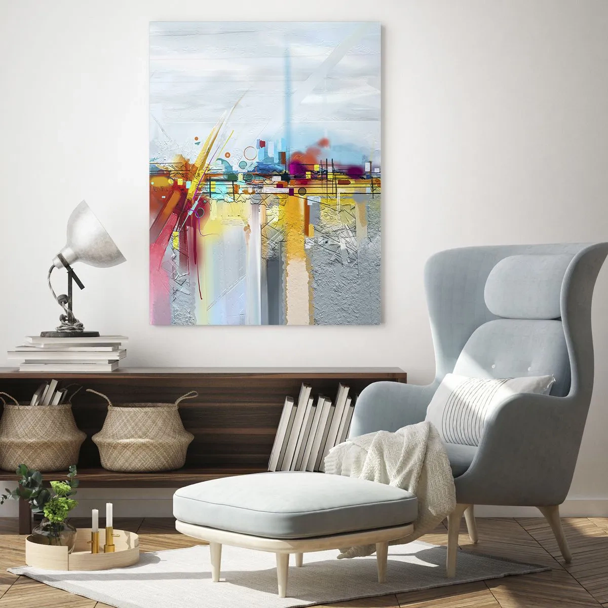 Glasbild - Bild auf glas - Abstrakte Landschaft mit bunten Akzenten - 80x120cm - Freudenbrücke über den Fluss des Lebens - Moderne Wanddekoration für Wohnzimmer und Schlafzimmer ARTTOR