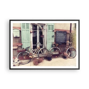 Poster in einem schwarzem Rahmen - Vintage-Fahrräder vor einer Holztür mit pastellfarbenen Fensterläden - 100x70cm - Es lebe die Provinz - Moderne Wanddekoration für Wohnzimmer und Schlafzimmer ARTTOR